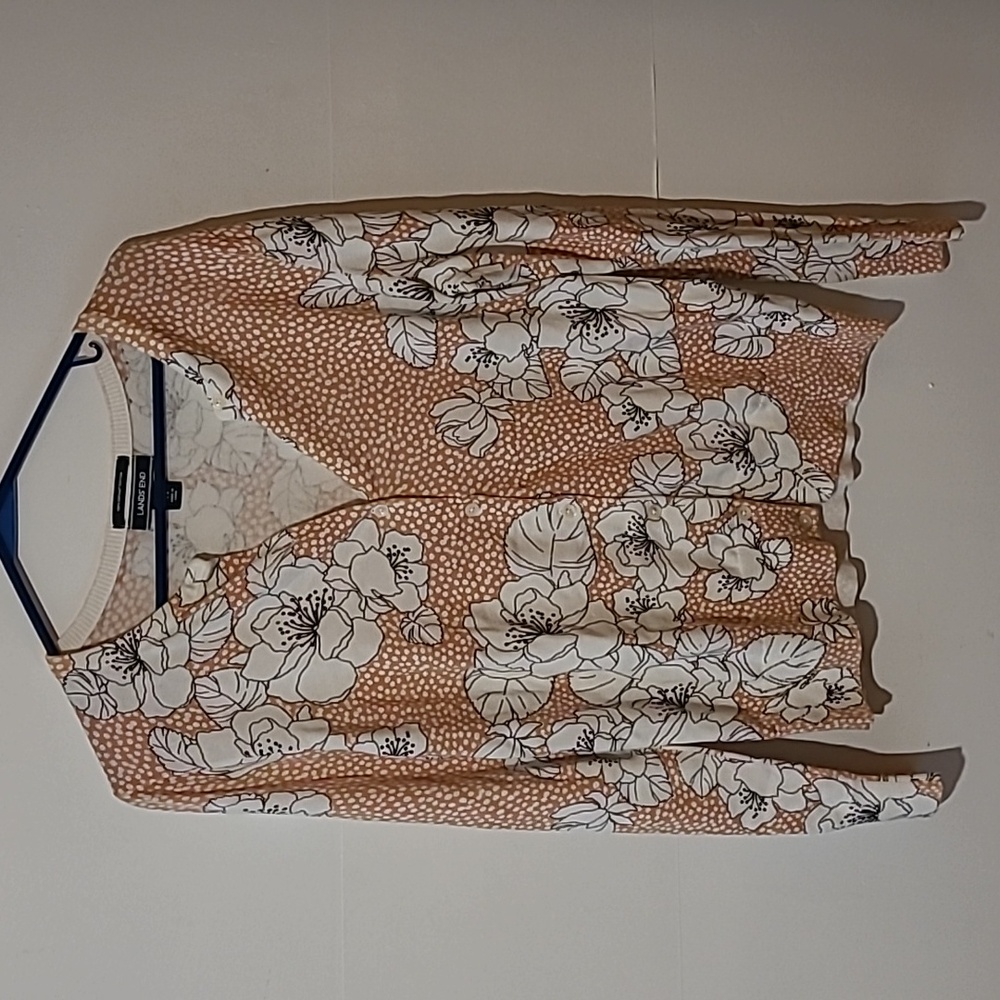 Lands' End Cream and Orange Supima Cotton Cardigan